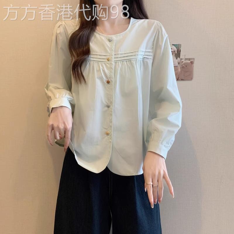 2025秋新款大码女装甜美系减龄薄荷绿色圆领衬衫胖mm遮肉小衫上衣