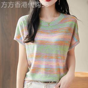 2026年夏季新款浪漫撞色条纹针织短袖T恤女宽松凉感冰丝圆领上衣