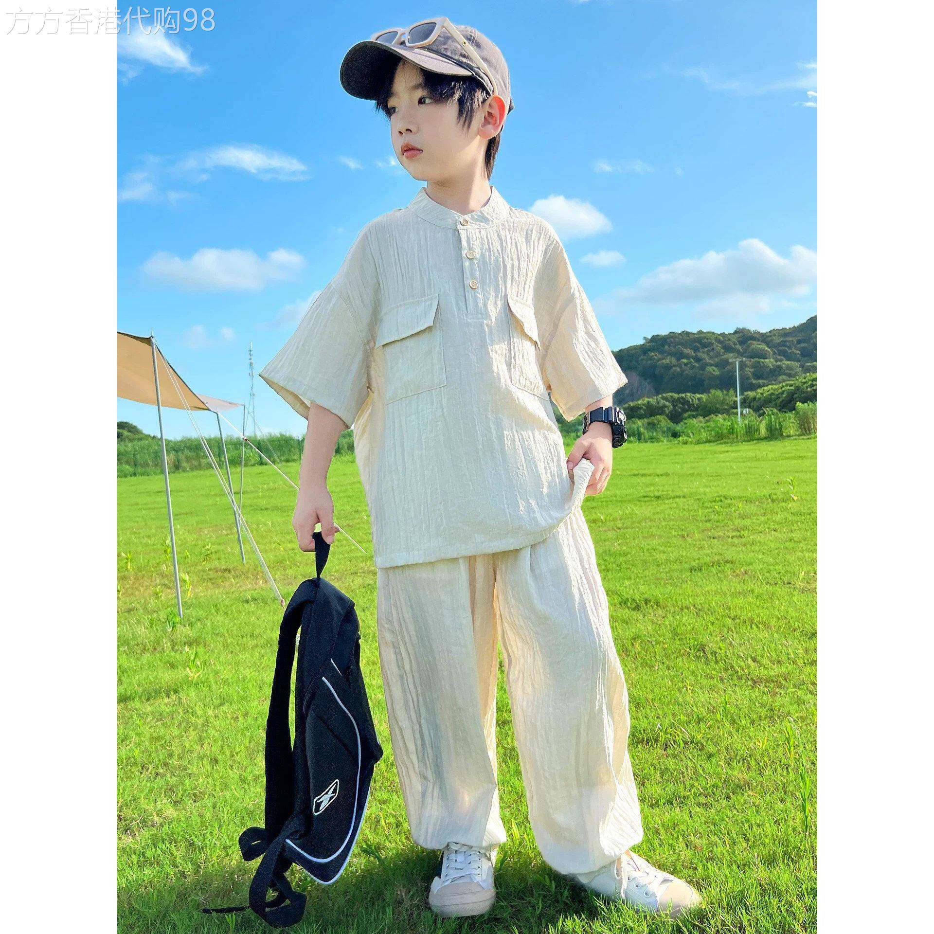 法国男童夏季衬衫套装2026新款大童夏装短袖薄款凉感男孩棉麻潮