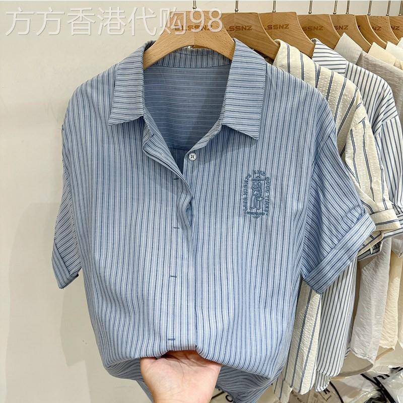 刺绣韩版条纹短袖衬衫女夏季时尚polo领宽松衬衣设计感小众上衣潮
