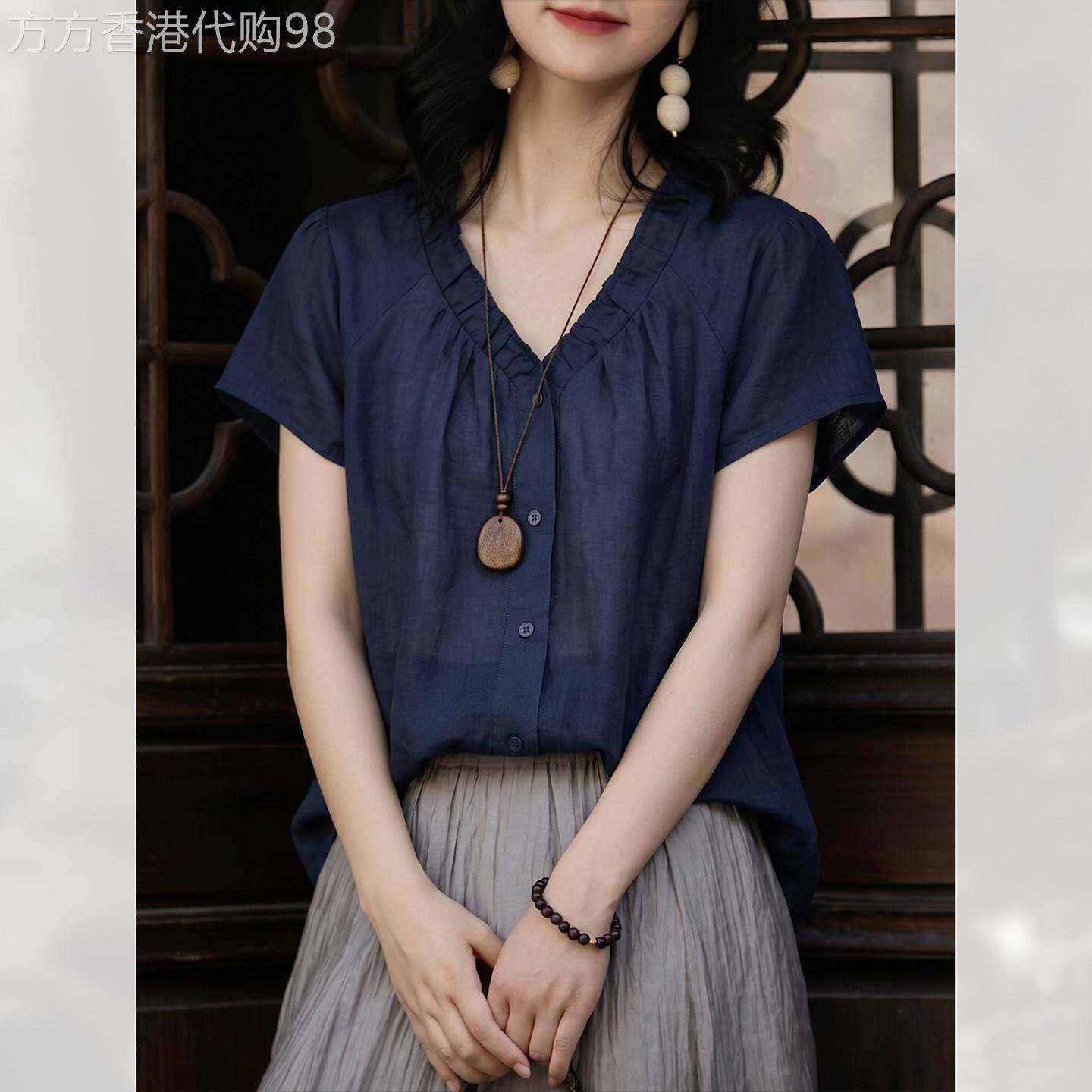 法式显瘦V领休闲短袖衬衫女装夏季2026年新款漂亮高级感小衫上衣