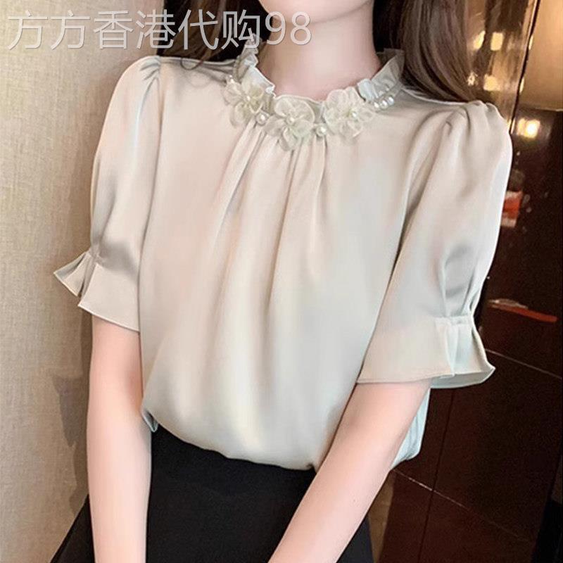 立领木耳边雪纺衬衫女短袖夏季2026新款拼接洋气小衫百搭显瘦上衣