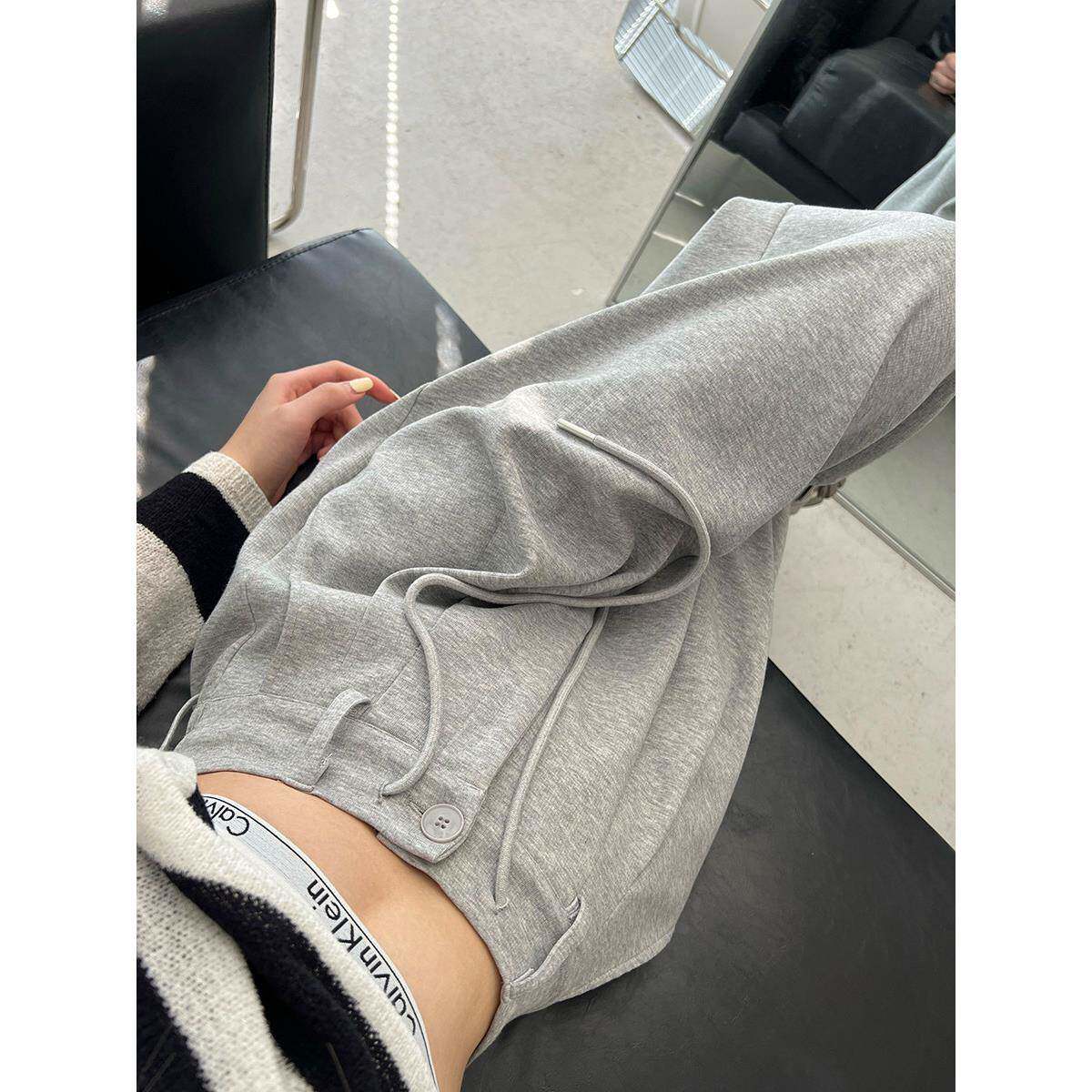 2025年春秋季新款灰色运动裤女高腰阔腿直筒休闲宽松抽绳美式卫裤