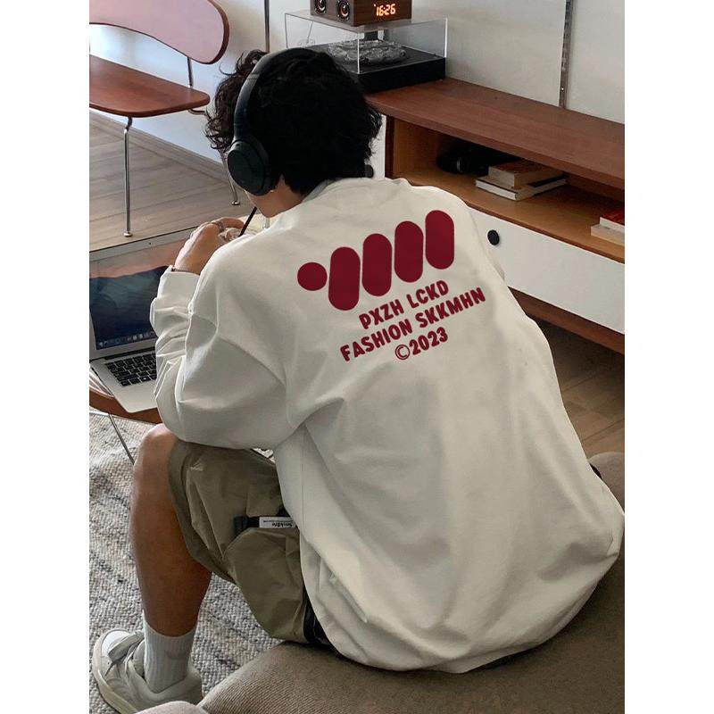 香港潮牌欧美式休闲风纯棉长袖t恤男秋冬重磅圆领宽松上衣情侣ins