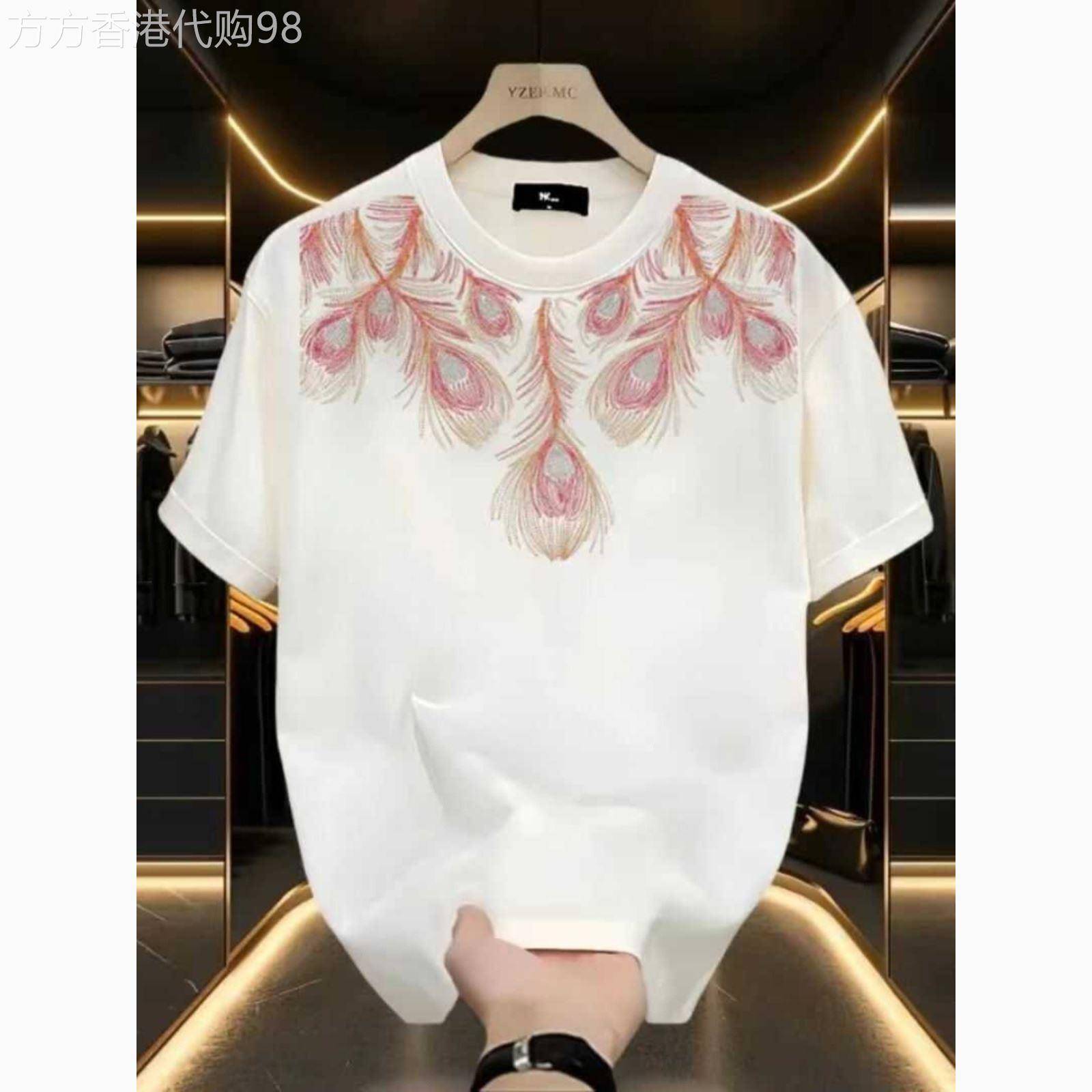 MAROLIO~潮流优品!夏季孔雀羽毛印花重磅纯棉短袖T恤衫男女同款