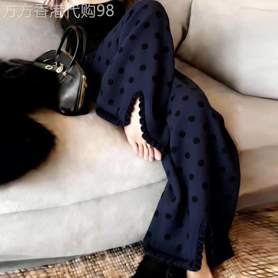 蓝色波点开叉针织阔腿裤女2026春季新款高腰显瘦宽松休闲直筒裤子