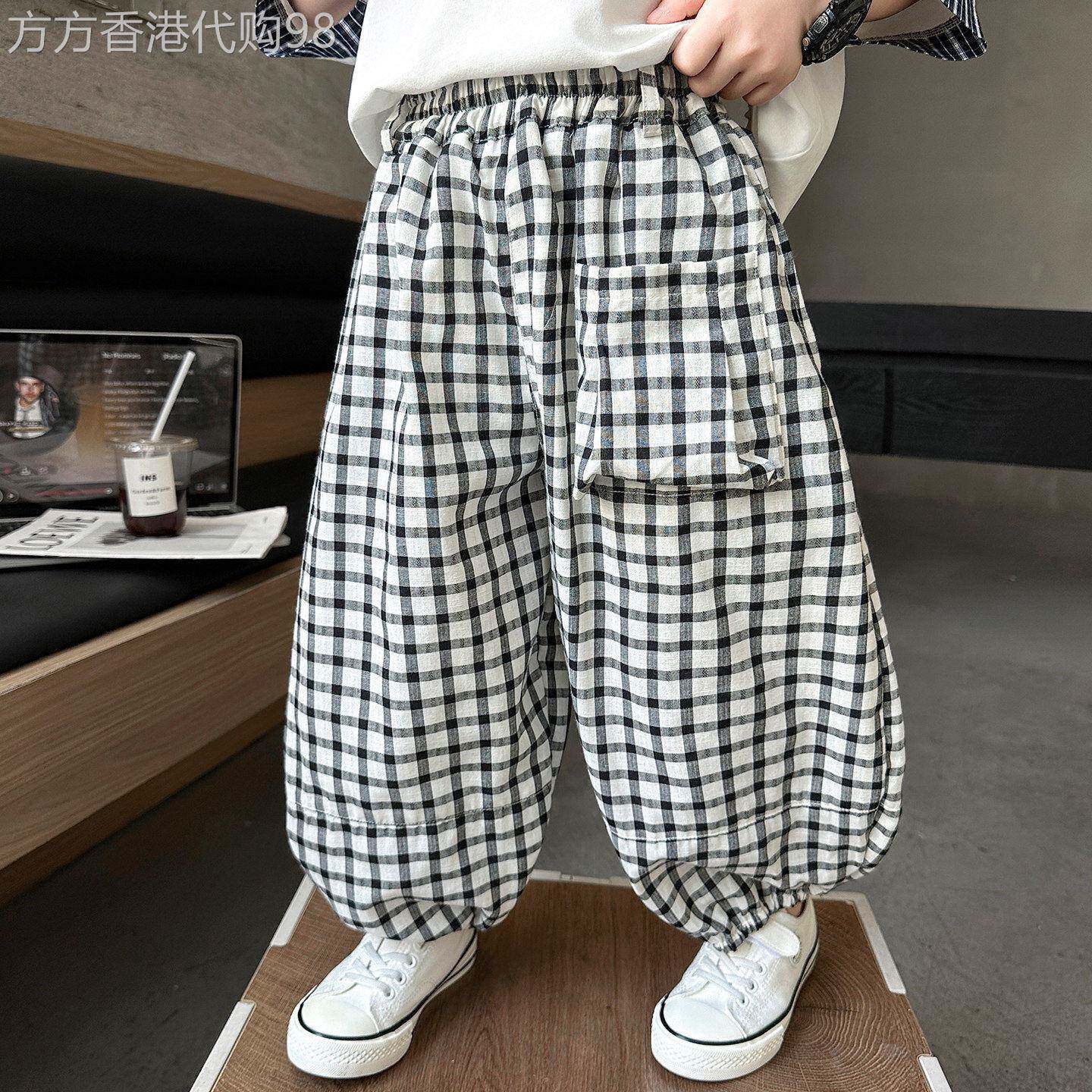 DGKP防蚊裤儿童裤子男童夏季薄款格子长裤痞帅男孩夏装束脚灯笼裤