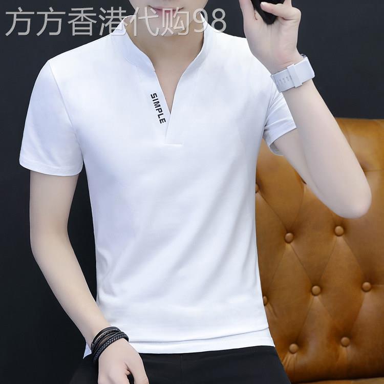 潮牌新款V领短袖男夏季新款韩版修身薄款立领T恤男装休闲白色上衣