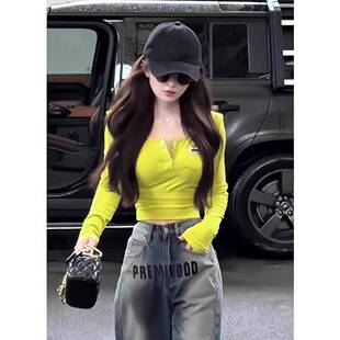 美式辣妹半开领小口袋长袖t恤女秋季新款修身显瘦打底衫短款上衣