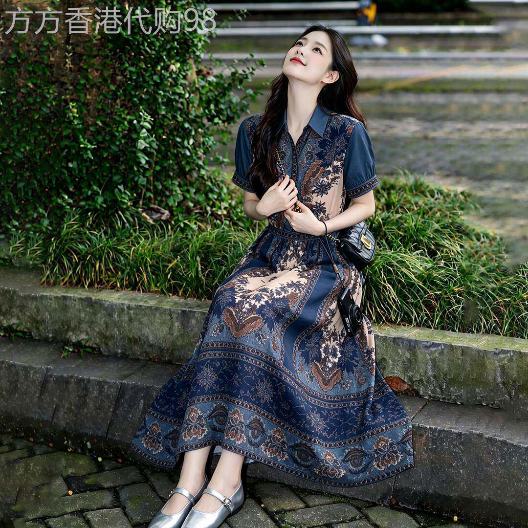气质蓝色提花连衣裙女2026夏季新款小个子高级感独特巨好看长裙子