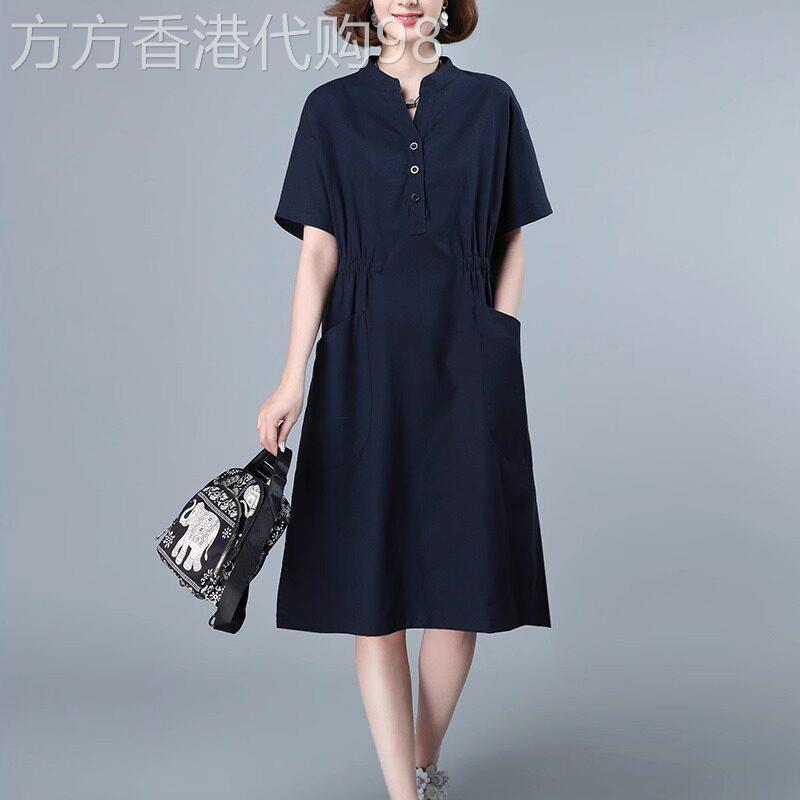 潮牌大码棉麻连衣裙女夏季显瘦胖mm中年妈妈休闲亚麻高端衬衫裙子