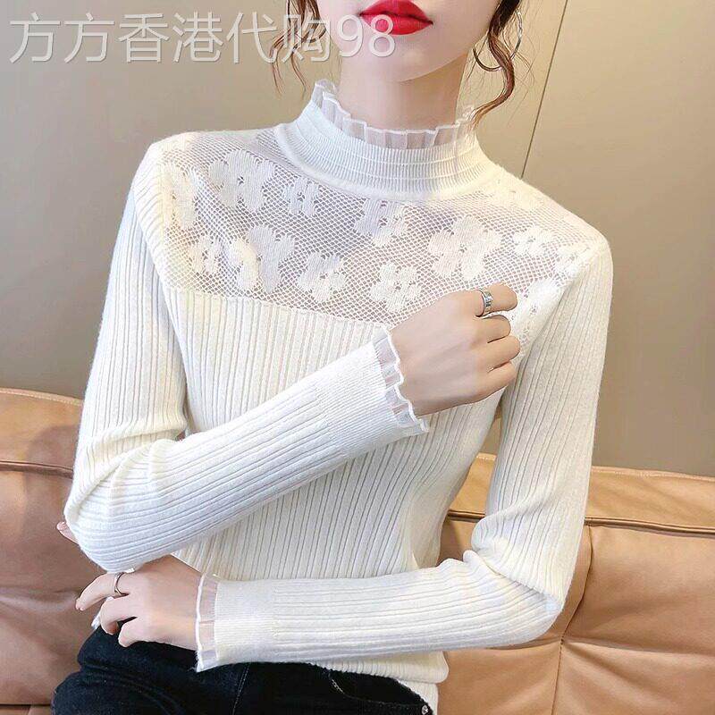 针织打底衫女春秋内搭长袖2025年新款修身气质半高领蕾丝花边毛衣