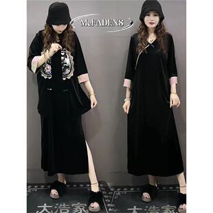 香港欧货新款中国风覆古丝绒大码胖MM显瘦长款开叉连衣裙马甲套装