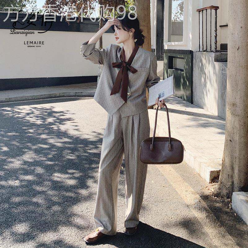 高级感老钱风西装套装女2026春气质V领飘带波点外套阔腿裤两件套