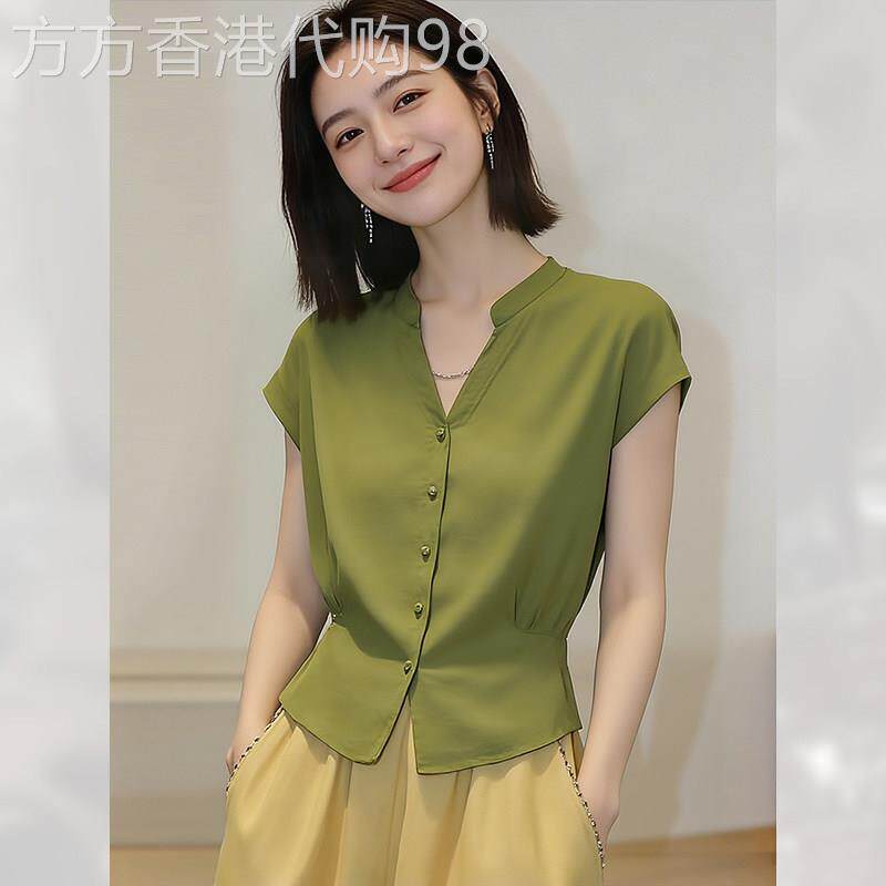 绝美洋气高级感减龄上衣女装夏季2026年新款衬衣收腰V领短袖衬衫