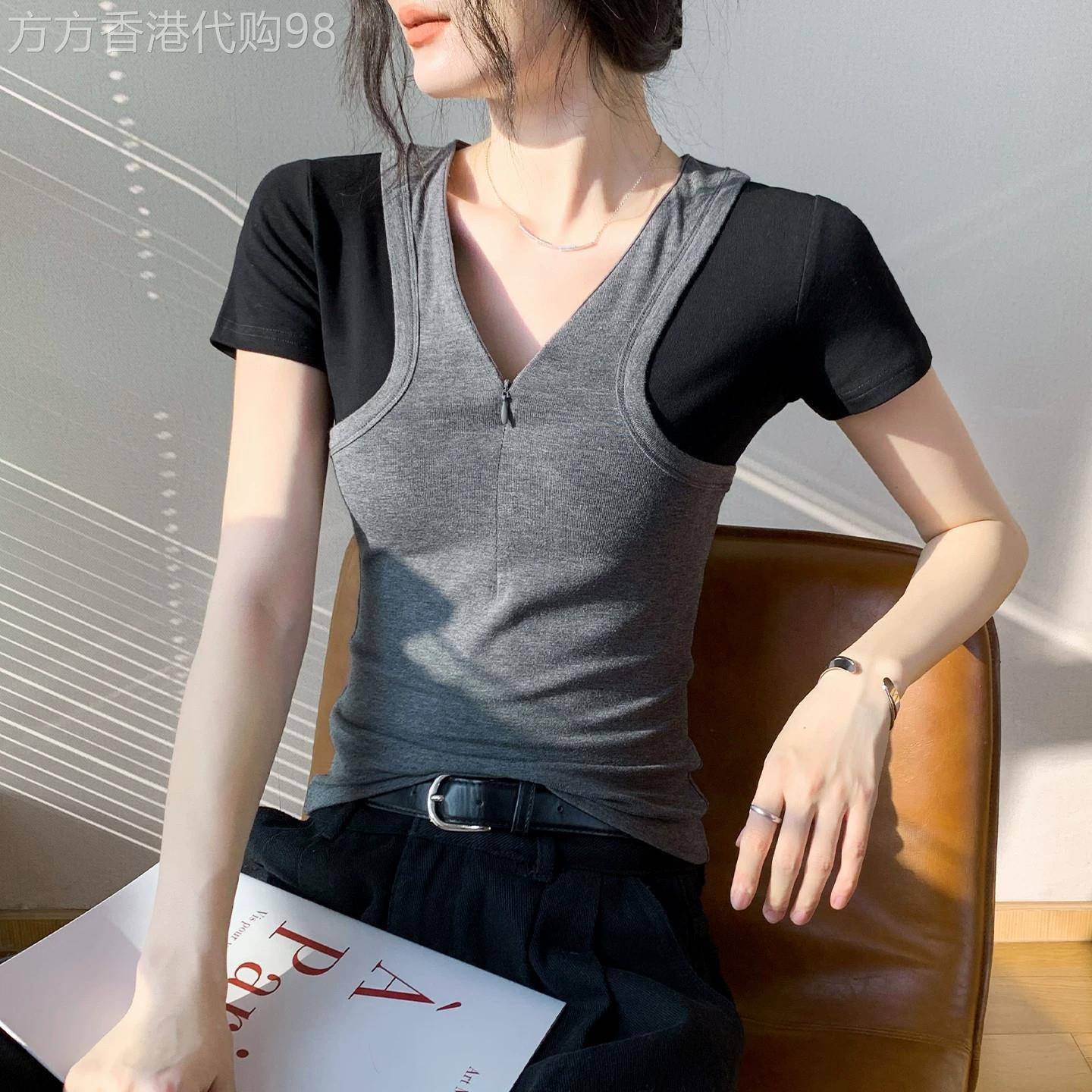 撞色拼接拉链V领短袖T恤女装2026夏季新款修身显瘦设计感小众上衣