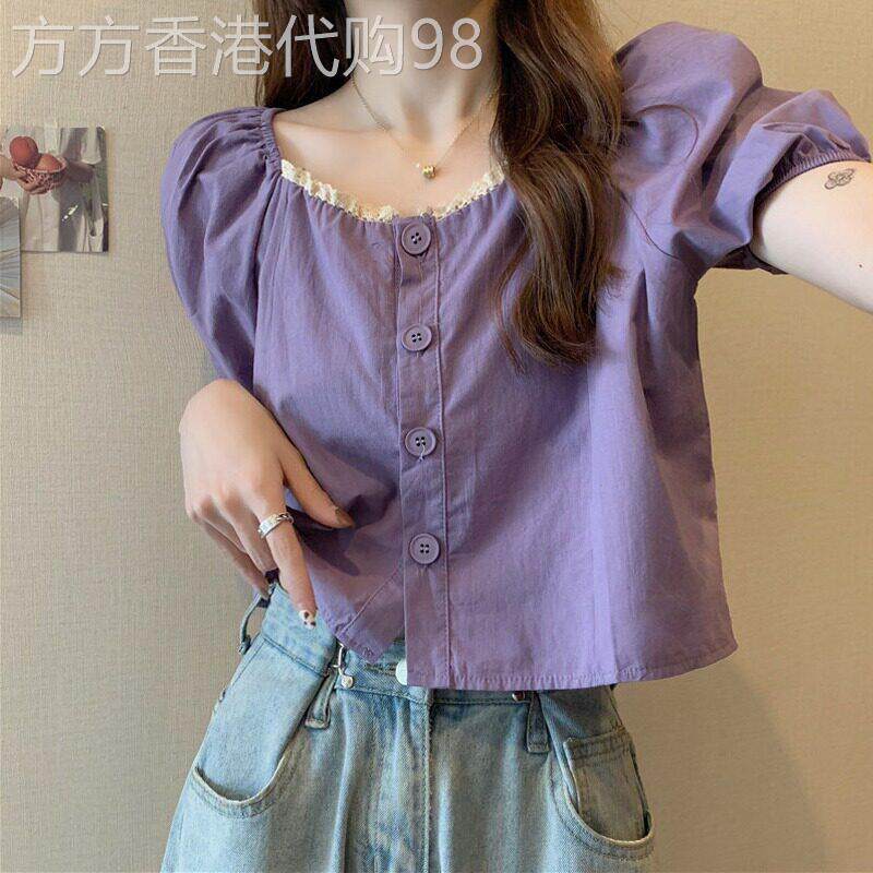 短袖衬衫女夏季薄款2025年新款法式短款大码设计感方领泡泡袖上衣
