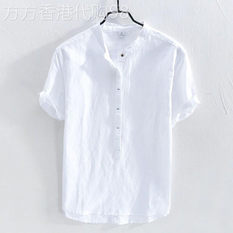 香港夏季新款男士短袖棉麻衬衫 纯色立领修身文艺风亚麻白衬衣