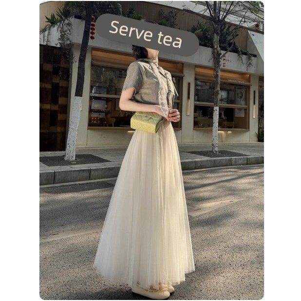 2025秋冬新款纱裙白色网纱半身裙女垂坠感a字高腰长裙大摆蓬蓬裙