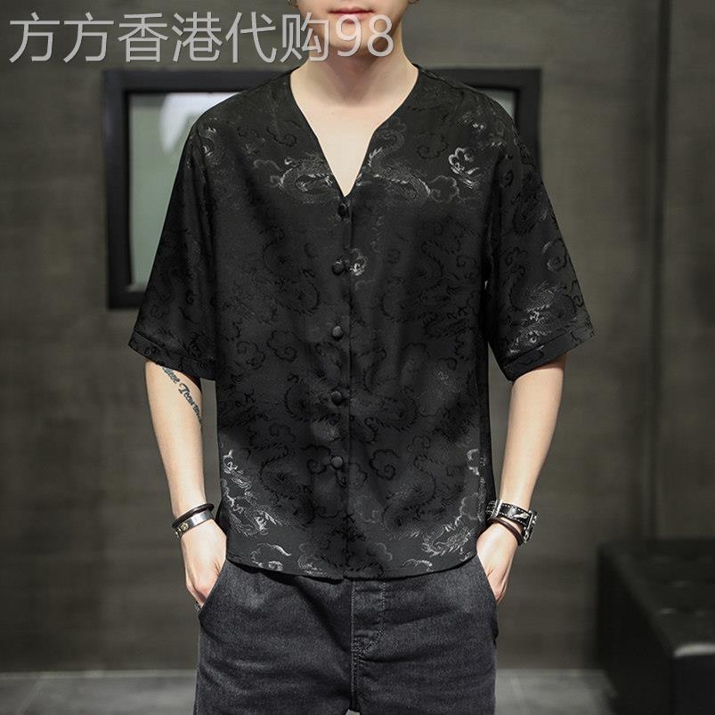 香港冰丝短袖衬衫男夏薄款宽松设计感龙纹衬衣大码中国风男装上衣