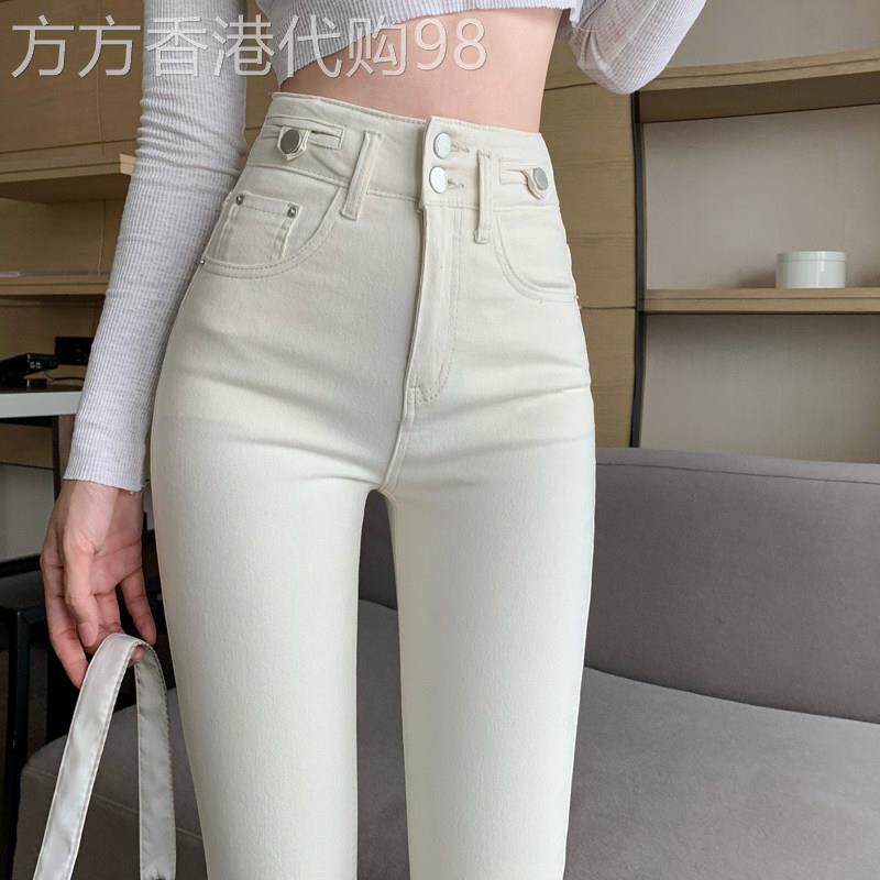 韩国白色牛仔裤女春秋季高腰紧身弹力铅笔九分小个子显瘦烟管裤子
