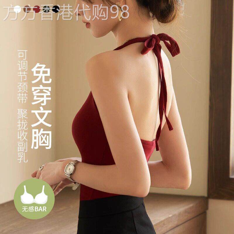 复古港风挂颈小吊带背心女夏内搭带胸垫红色美背内衣文胸外穿上衣