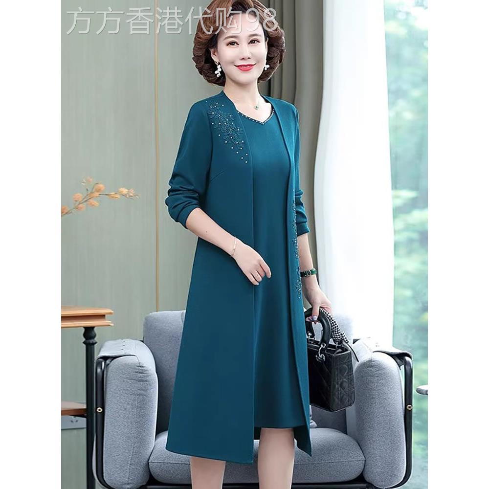 中老年妈妈长袖连衣裙春季薄款宽松大码洋气高贵50多岁贵夫人长裙