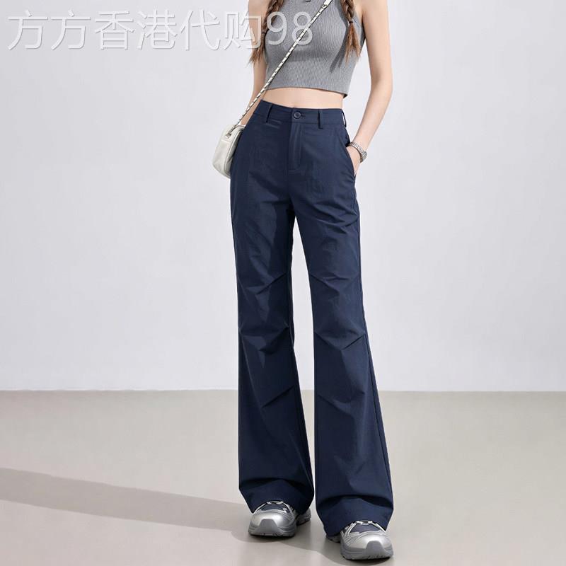 藏青色速干工装微喇阔腿裤女夏季薄款高腰显瘦休闲裤冰丝喇叭长裤