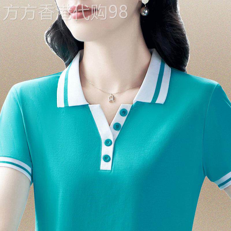 高级感polo衫短袖t恤女夏季新款时尚妈妈宽松条纹翻领上衣潮