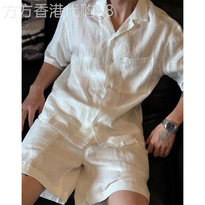 老钱风休闲套装男士夏季薄款潮牌亚麻衬衫短裤慵懒风度假穿搭一套