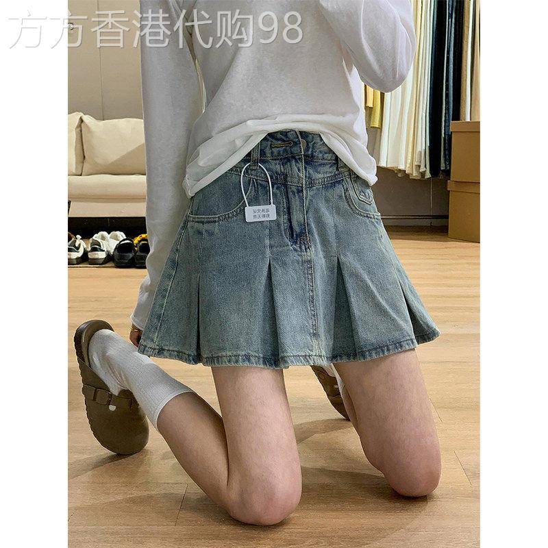 浅色百褶牛仔短裙女夏季新款大码胖mm高腰显瘦梨型身材a字半身裙