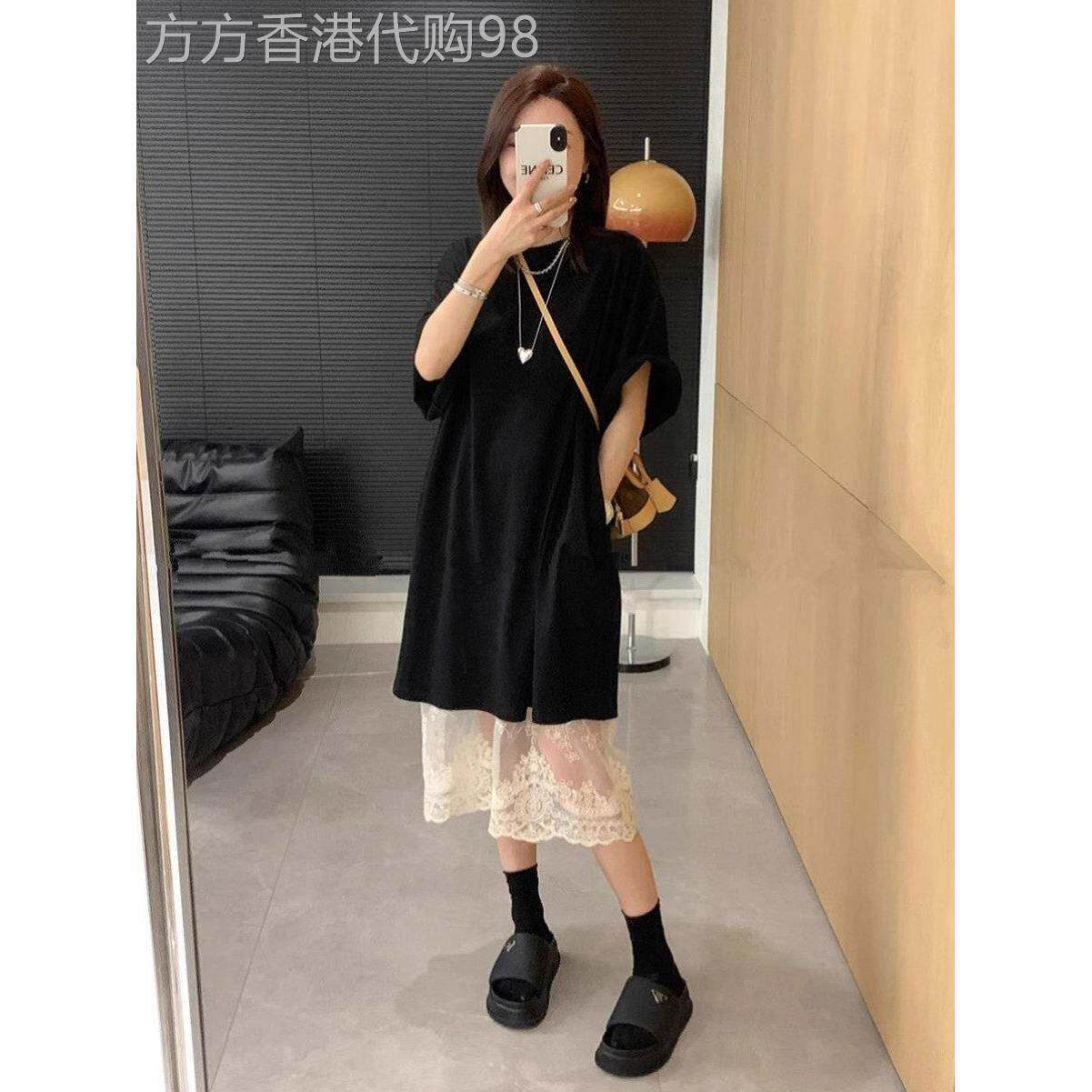黑色圆领休闲中长t恤女士夏季欧洲分层蕾丝裙简单的两件套
