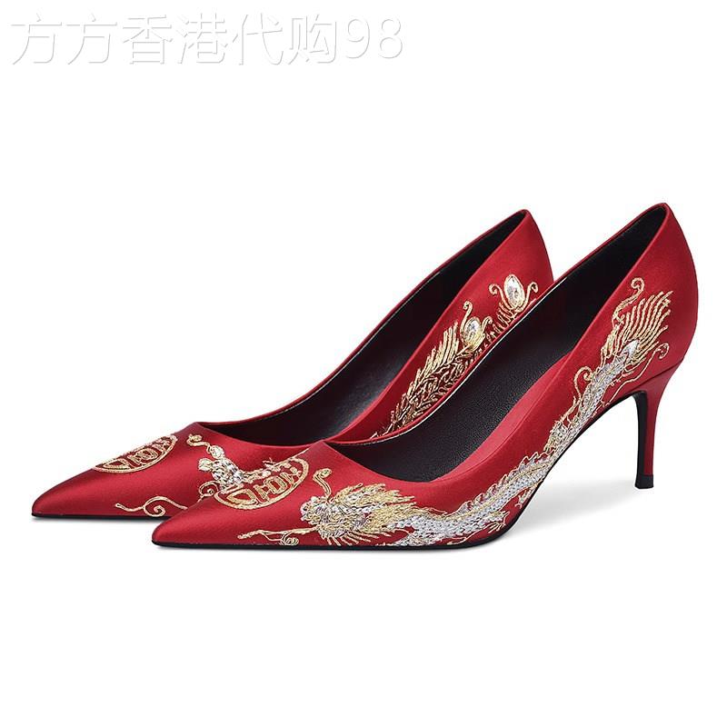 红色婚鞋女款2025新款龙凤挂刺绣中式秀禾服婚纱两穿高跟鞋新娘鞋