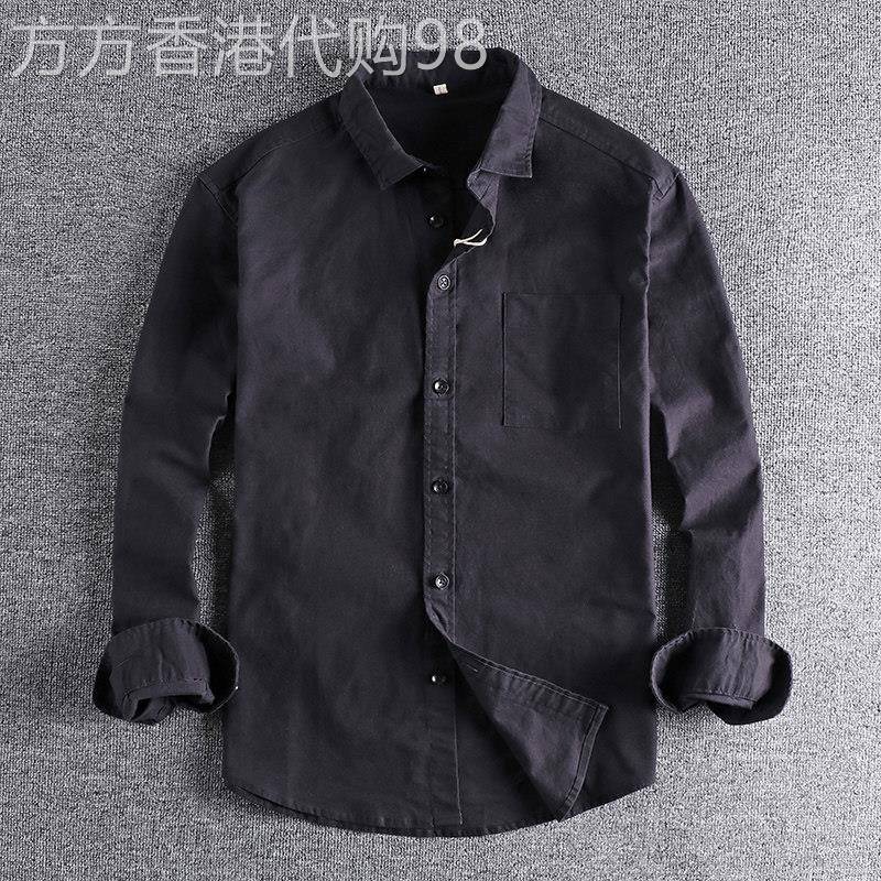 代购香港潮男春季日系复古纯色修身长袖衬衫男士帅气简约休闲衬衣