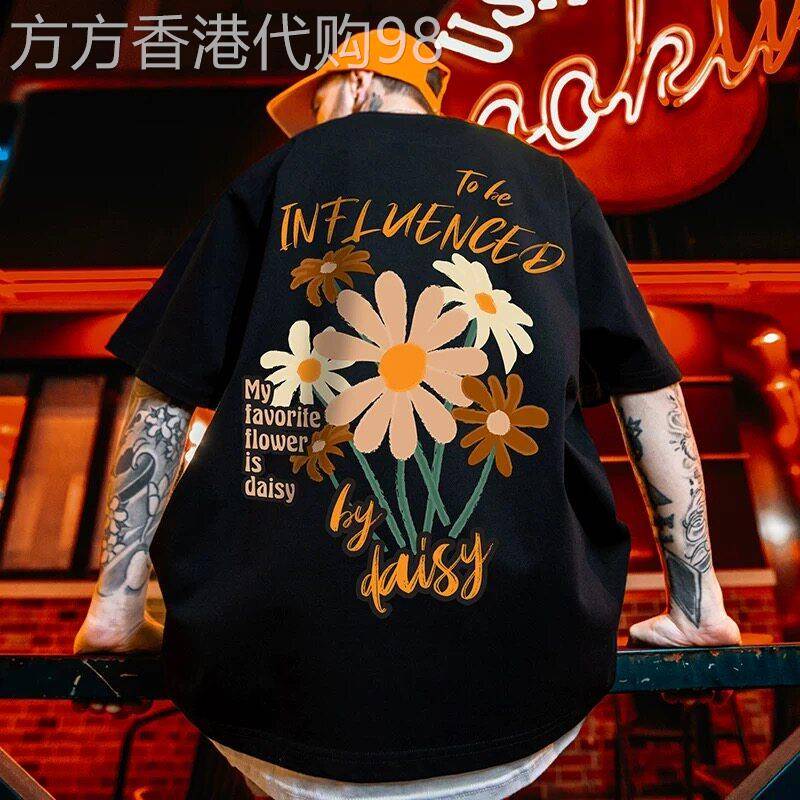 香港潮牌美式复古ins花卉短袖男字母涂鸦T恤大尺码加肥加大宽松上