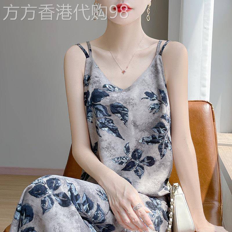 真丝印花吊带连衣裙女2026年夏季新款宽松显瘦V领无袖气质A字长裙
