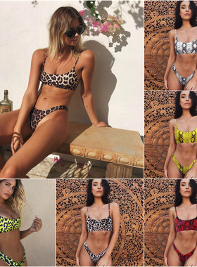 Split leopard print bikini欧美分体泳衣性感豹纹印花比基尼聚拢