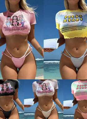 人像印花抽绳绑带泳装泳衣比基尼bikini Separate swimming suit