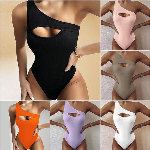 泳装新款欧美性感比基尼纯色单肩连体泳衣女士One-piece swimsuit