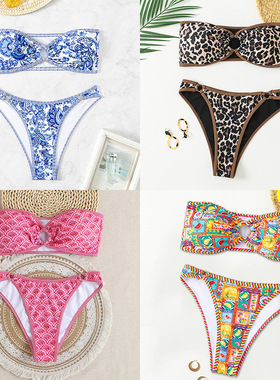 新款青花瓷印花抹胸性感比基尼女 Printed strapless sexy bikini
