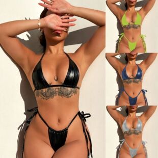 Solid bikini皮质面料系绳泳衣One suit swimming color piece