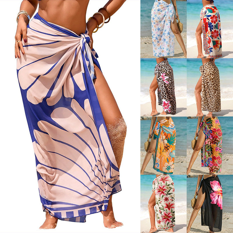 bikini女泳衣透明纱笼高开叉均码泳衣罩衫花卉印花Printed fabric