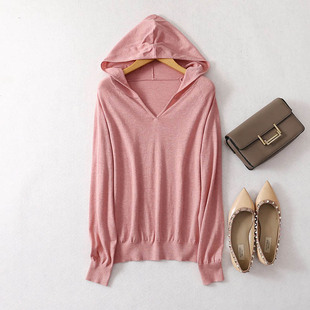 秋冬女款丝羊绒百搭连帽卫衣 桑蚕丝加棉混纺套头宽松外套针织衫