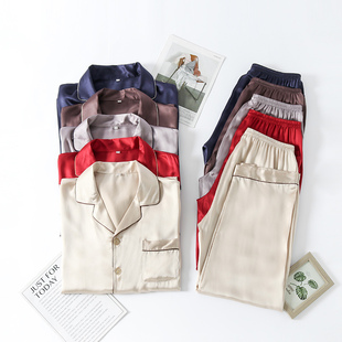 春夏100%桑蚕丝男士家居服套装睡衣裤高端薄透气真丝缎面透气睡衣