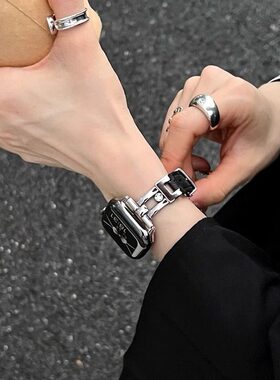 萱芊走珠款式滑梯皮质蝴蝶扣表带适用applewatch56SES7S8S9S10iwatchS11皮质女表带智能运动苹果通用表带高级