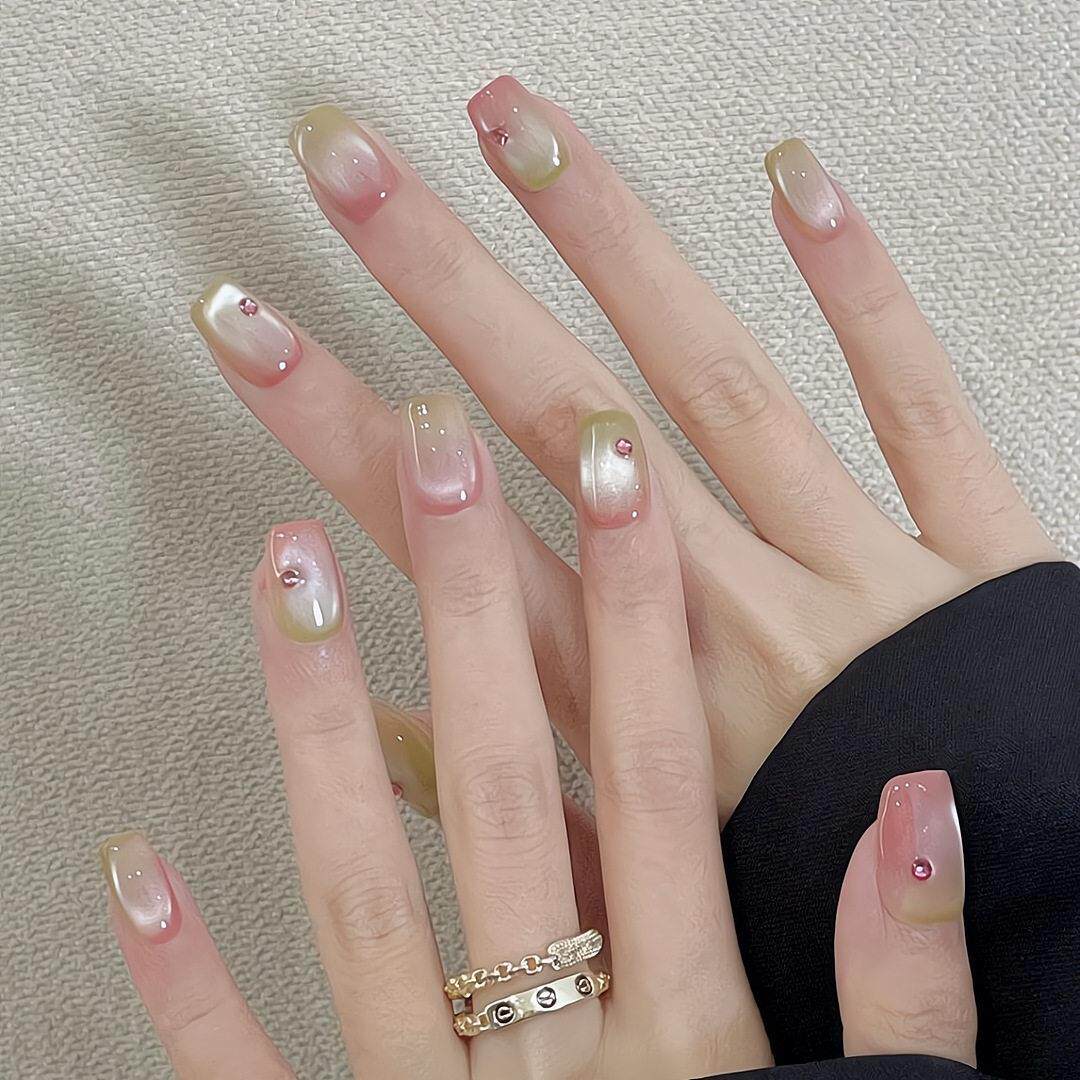 气质手工穿戴甲猫眼美甲粉绿奶油芭乐晕染温柔纯欲冰透高级感显白