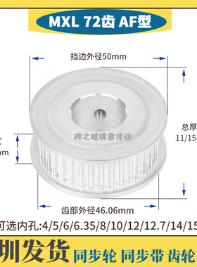 MXL72齿  槽宽7/11 AF型 两面平 齿距2.032 同步带轮 内孔4-15mm
