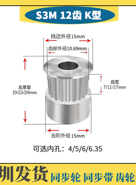 HTPS不锈钢S3M12齿槽宽7/11/17 SUS304 BF型 同步带轮 内孔4-7mm