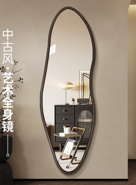 中古风实木全身镜子挂墙复古异形穿衣镜家用客厅玄关装饰镜子贴墙