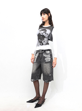 98ossi* aw23 秋季黑白创意龙纹印花圆领修身上衣